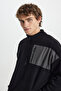 Men's Black Oversize Loose Cut Stand-Up Bato Collar Pocket Detailed Zipper Cold-Proof Fleece Sweatshirt - 5