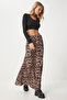 Women's Black Beige Leopard Patterned Long Woven Skirt Rc00155 - 3