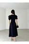 Black Double-Breasted Collar Stone-Detail Draped Midi Dress - 3