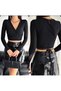 Women's Black Double Breasted Crop Waistband Camisole Long Sleeve Blouse - 3
