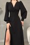 Black Crepe Fabric Knot Detail Long Sleeve Double Slit Dress - 3