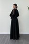 Crepe Fabric Sleeves Tulle Evening Dress - BLACK - 5