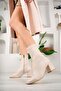 Women's Beige Stretch Ankle Medium Heel Boots - 3