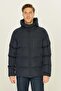 Men's Navy Blue Fiber Hooded Windproof Puffer Winter Jacket - 4