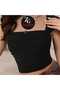 Women's Black Crop Bustier Gathered Draped Sleeves Silk Jersey Crop Bustier - 2