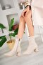 Women's Beige Stretch Ankle Medium Heel Boots - 4