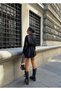 Parachute Fabric Balloon Skirt Front Tie Long Sleeve Crop Shirt Bottom Top Set Black Color - 6