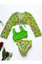New Season Girl's Neon Green Color Flower Pattern Bolero / Pareo Bikini Set 3 Pieces Set - 2