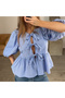Blouse Bow-Detail Balloon-Sleeve Striped Poplin Women's Blouse