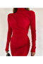 Women's Gathered Turtleneck Long Sleeve Sandy Long Dress - 2