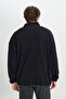 Men's Black Oversize Loose Cut Stand-Up Bato Collar Pocket Detailed Zipper Cold-Proof Fleece Sweatshirt - 6