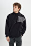Men's Black Oversize Loose Cut Stand-Up Bato Collar Pocket Detailed Zipper Cold-Proof Fleece Sweatshirt - 4