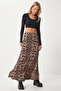 Women's Black Beige Leopard Patterned Long Woven Skirt Rc00155
