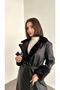 Stylish Long Leather Trench Coat - Fur Collar and Cuff, Lined - 5