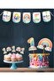 Rainbow Themed Set of 3 One 1 Year Old Birthday Ornament Banner + Cake Ornament + Cupcake Cardboard