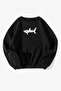 Black Shark Patterned Oversize Sweatshirt - Raised Crew Neck
