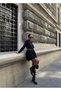 Parachute Fabric Balloon Skirt Front Tie Long Sleeve Crop Shirt Bottom Top Set Black Color - 4