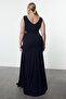 Plus Size Navy Blue V-Neck Sleeveless Jewelled Slit Evening Dress - TBBSS24AD00005 - 5