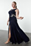 Plus Size Navy Blue V-Neck Sleeveless Jewelled Slit Evening Dress - TBBSS24AD00005 - 2