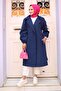 Pleated Shoulder Detailed Trench Coat Navy Blue 4429 - 3