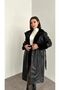 Stylish Long Leather Trench Coat - Fur Collar and Cuff, Lined - 2