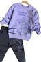 Girl's Lilac Tracksuit Set with Leaf Embroidery and Flowers Print - 2
