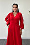 Crepe Fabric Sleeves Tulle Evening Dress - RED - 3