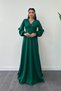 Crepe Fabric Sleeves Tulle Evening Dress - ZIMRUT GREEN