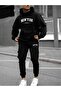 New York Printed Men's Black Hooded Bottom Top Set Oversize Tracksuit Set Kangaroo Pocket