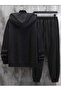 New York Printed Men's Black Hooded Bottom Top Set Oversize Tracksuit Set Kangaroo Pocket - 2