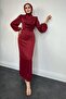Amber Draped Detail Satin Evening Dress Claret Red