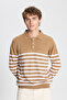 Men's VIZON-EKRU Standard Fit Regular Cut Polo Collar Striped Knitwear Sweater