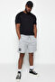 Big Size Gray Regular Fit Medium Length Lace-Up Letter Printed Shorts Tmnss23Sr00047 - 3