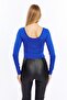 Women's Cobalt Blue Pool Collar Long Sleeve Crop Blouse - 6