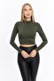 Women's Khaki Stand Collar Long Sleeve Crop Blouse