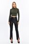 Women's Khaki Stand Collar Long Sleeve Crop Blouse - 5