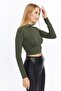 Women's Khaki Stand Collar Long Sleeve Crop Blouse - 4