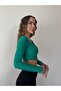 Green Square Collar Long Sleeve Corset Look Ribbed Crop Blouse - 5
