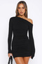 Off Shoulder Gathered Long Sleeve Black Dress 4080