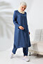 Women's Navy Blue Melange Linen Look Hidden Zipper Haji Umrah Outfit Two-Piece Set - 6
