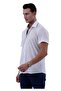 White Flared Linen Black Shawl Pattern Collar and Garni Detailed Slim Fit Short Sleeve Shirt - 3