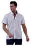 White Flared Linen Black Shawl Pattern Collar and Garni Detailed Slim Fit Short Sleeve Shirt - 2