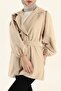 Women's Stone Color Medium Length Double Breasted Collar Belted Trench Coat 9024 - 3