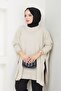 Women's Beige Hijab Knitwear Oversized Slit Sweater - 2