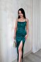 Slit Detailed Strappy Emerald Satin Dress - 3