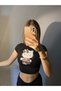 Siyah Gothic Hello Kitty Model Baskılı Crop Body - 6