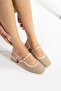 Beige Tweed Fabric Short Block Heeled Ballerina Shoes - 2
