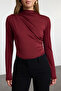 Bordo Büzgü Detaylı Dik Yaka Çıtçıtlı Esnek Örme Body TWOAW24BD00014 - 3