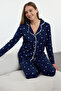 Lacivert %100 Pamuklu Kış Temalı Biyeli Örme Pijama Takımı THMAW25PT00083 - 2