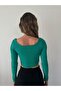 Green Square Collar Long Sleeve Corset Look Ribbed Crop Blouse - 3
